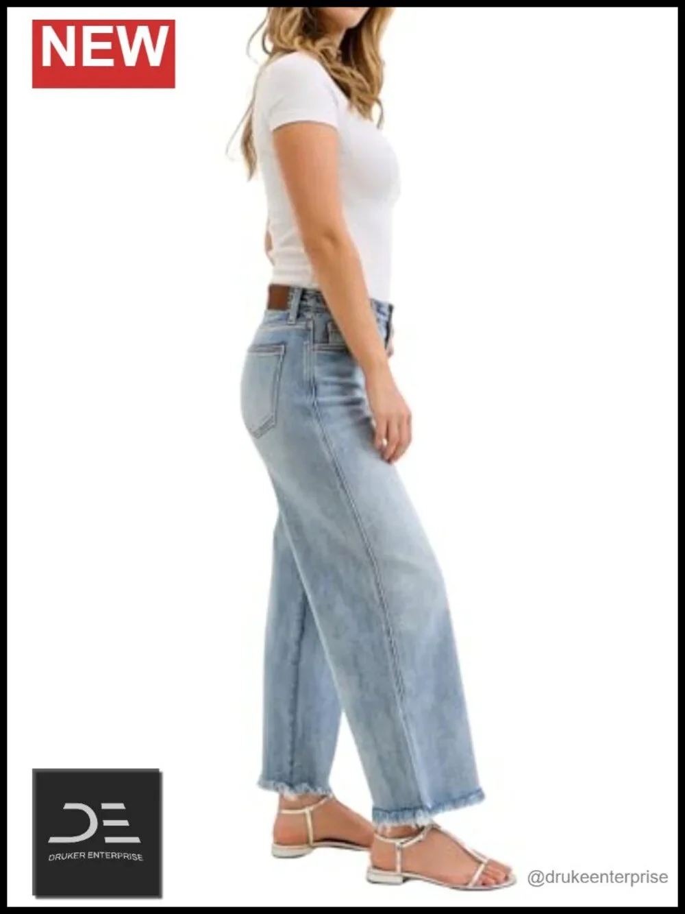 Mid Rise Ankle Wide Leg Jeans with Hollywood Waistband and Frayed Hem